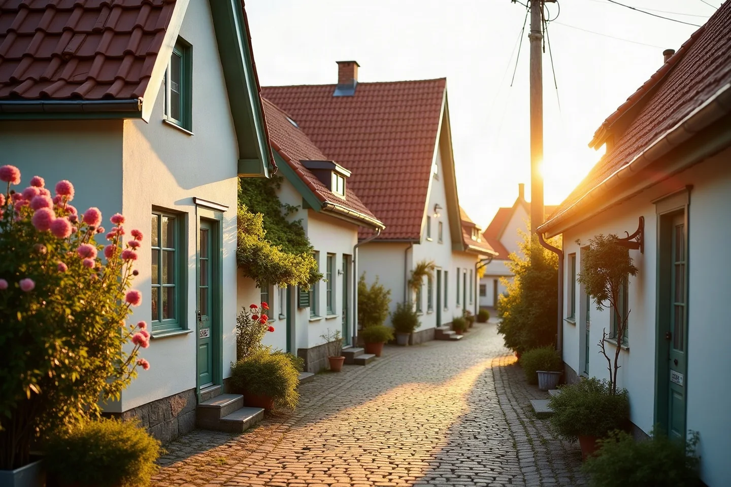 Smal brostensbelagt gade med lyse huse, grønne vinduesrammer, blomster langs muren og lav aftensol for enden af gaden