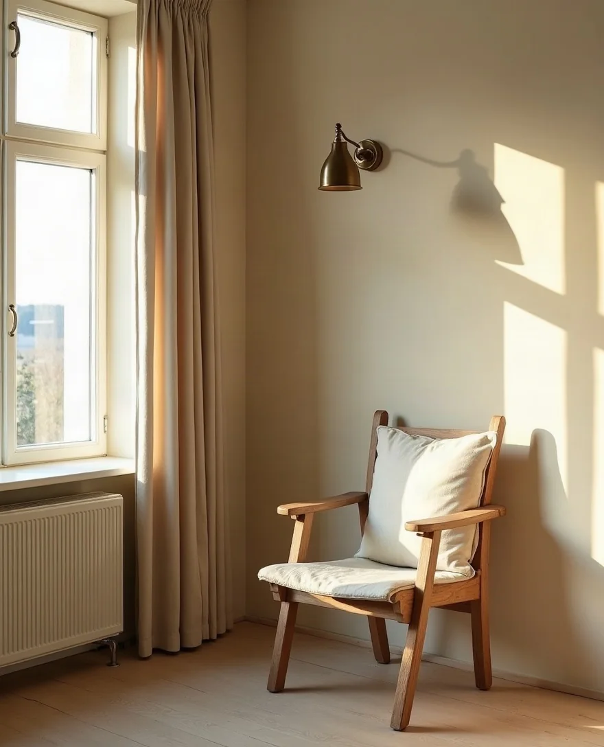 Hjørne af et roligt rum med en træstol med hynde, en lang hørgardin, en messinglampe på væggen og eftermiddagssol